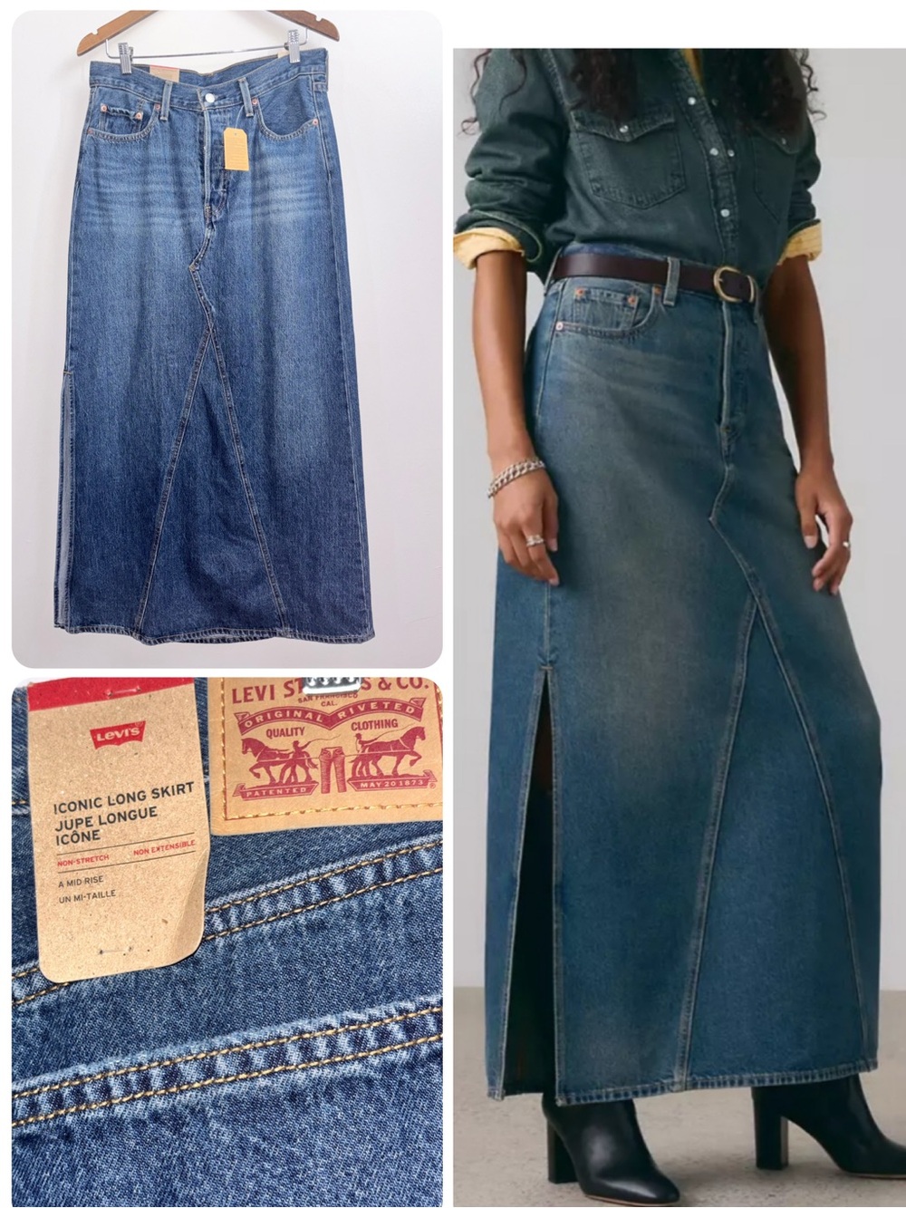 NWT Levi's Iconic Long Denim Maxi Skirt Side Slit A-Line Mid-Rise Size 29